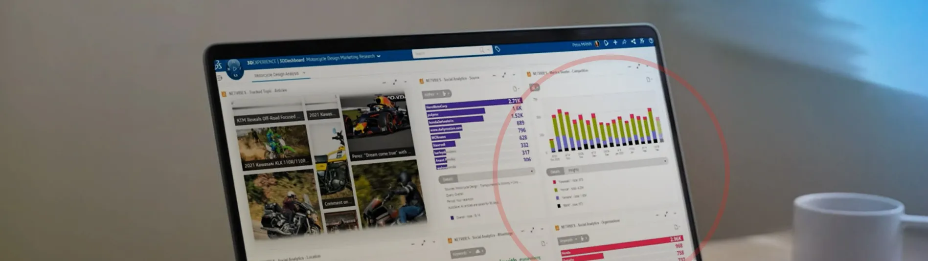 Laptop showing business data in 3DEXPERIENCE Works user interface