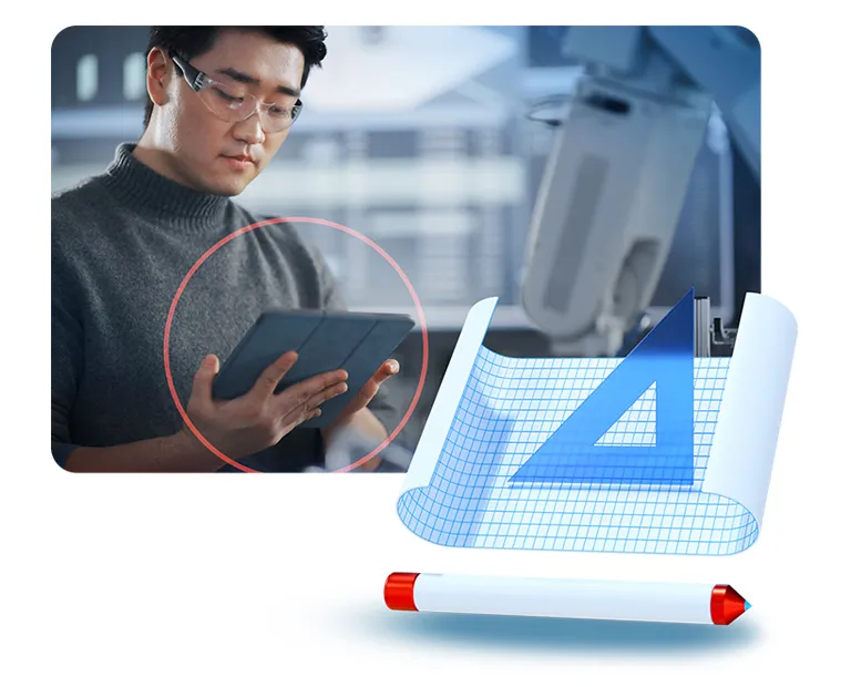 Designer looking at tablet in manufacturing setting - 3DEXPERIENCE Works