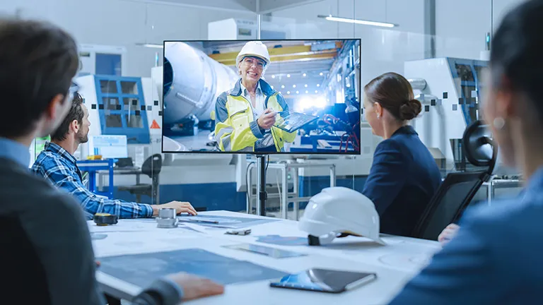 Personas en una mesa observando a un trabajador informando desde la fábrica - 3DEXPERIENCE Works